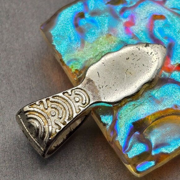 Artisian Dichroic Glass Pendant 1.5" Iridescent Geometric Design Silver-Tone Bai - Picture 5 of 7